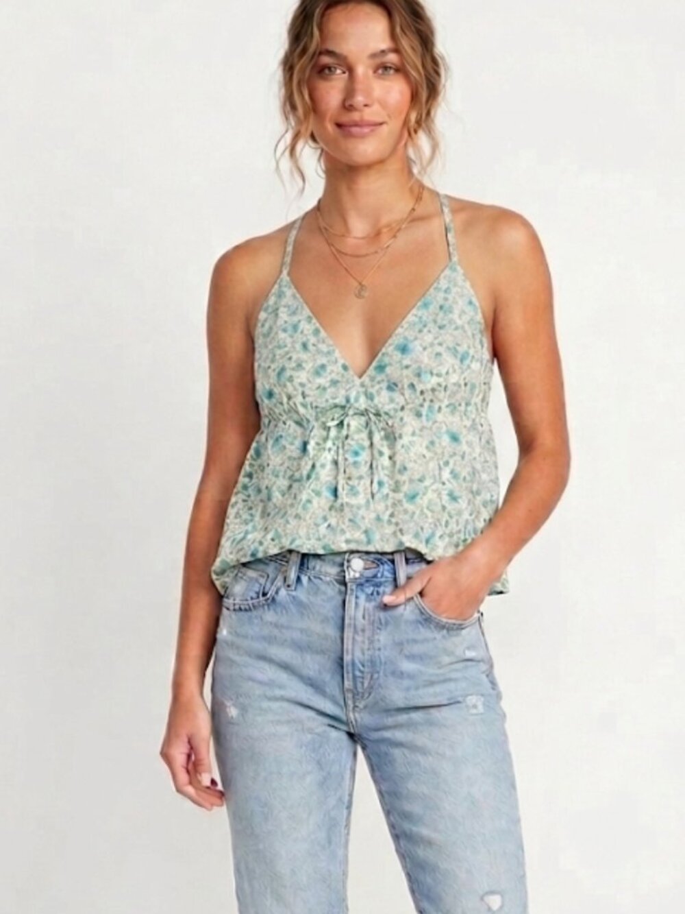 NWT vintage J.Crew Green & Blue Ditsy Floral Babydoll Camisole V-Neck